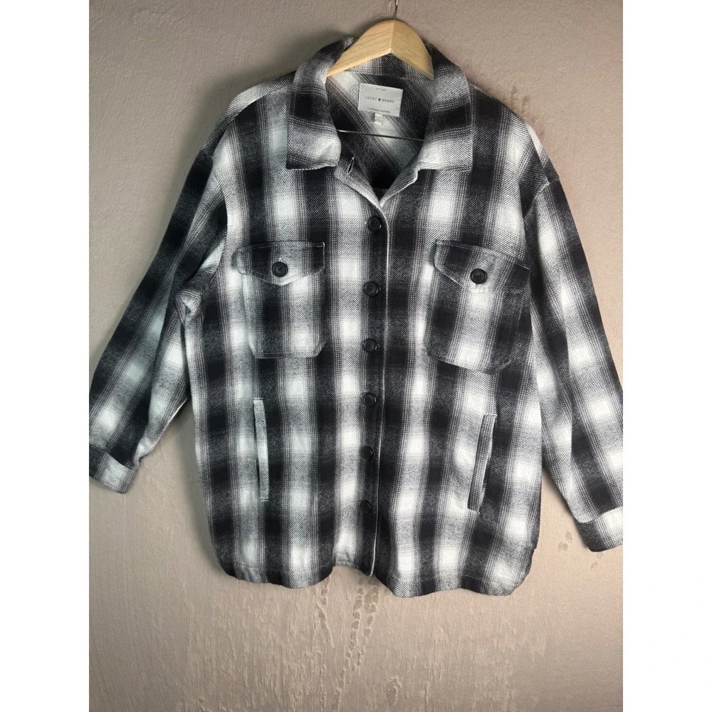 Lucky Brand Plaid Shirt Jacket Mens XL Black White Cotton Flannel Shacket Coat